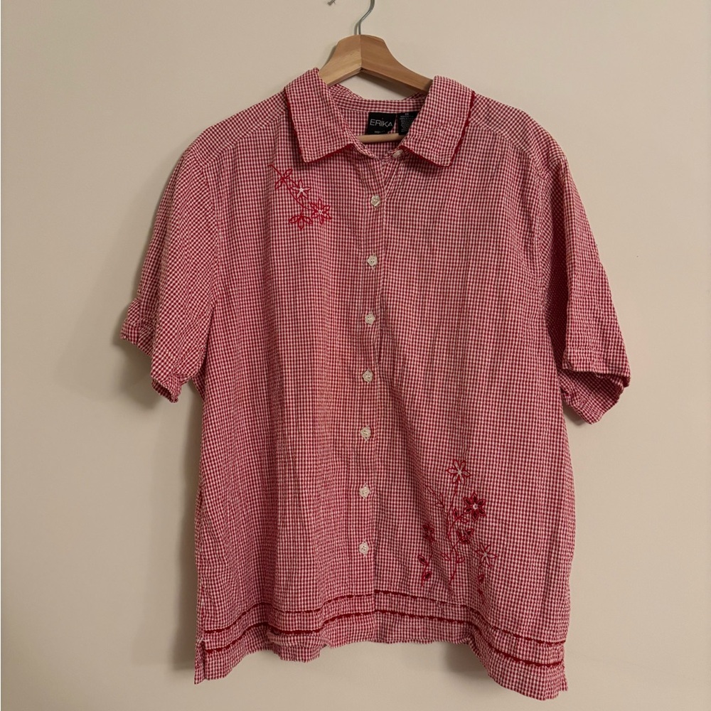 Erika Red Gingham Button-Down Short Sleeve Shirt with Embroidery
